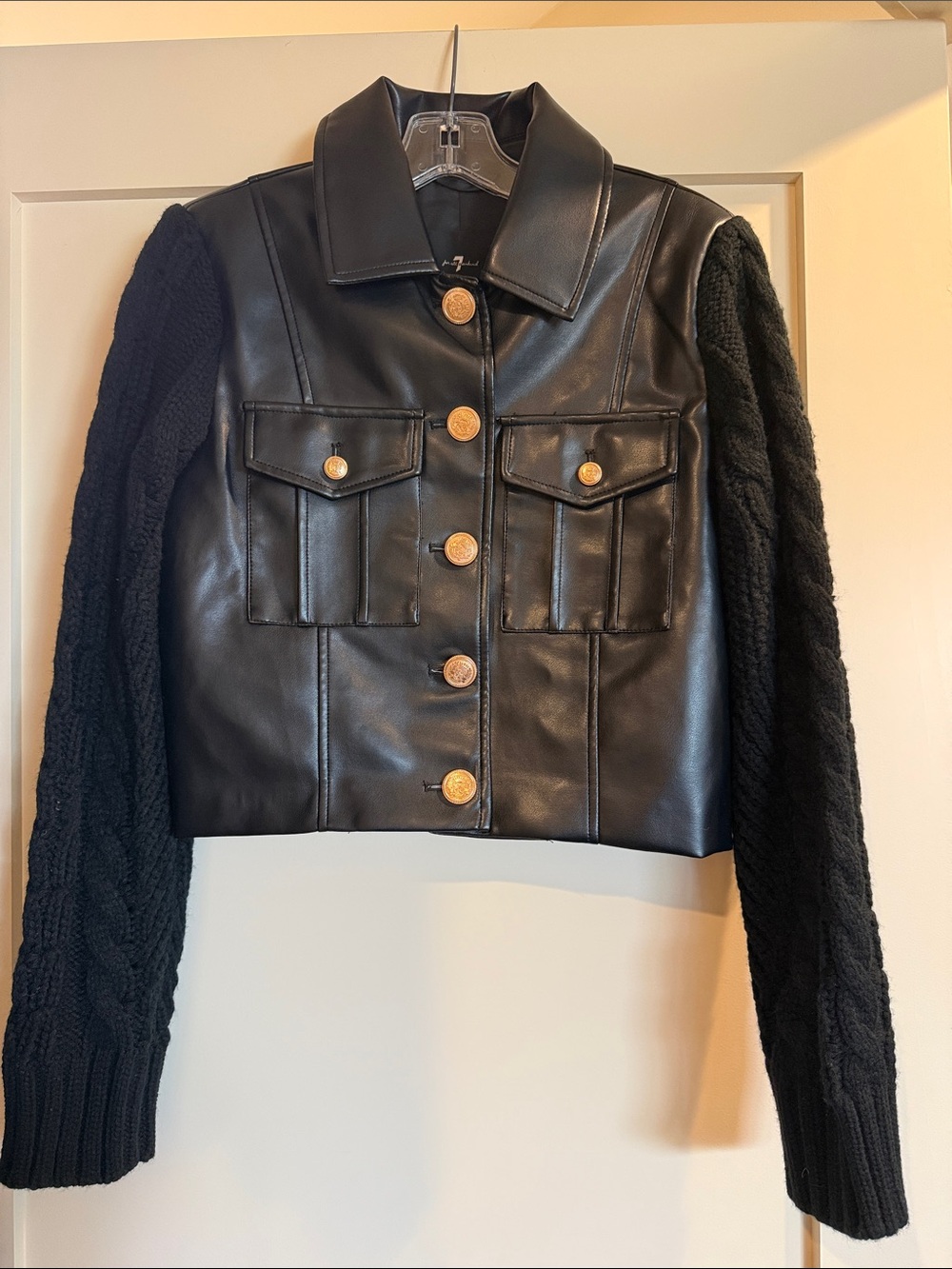 New with tags. 7 for all mankind black faux leather/sweater jacket in black